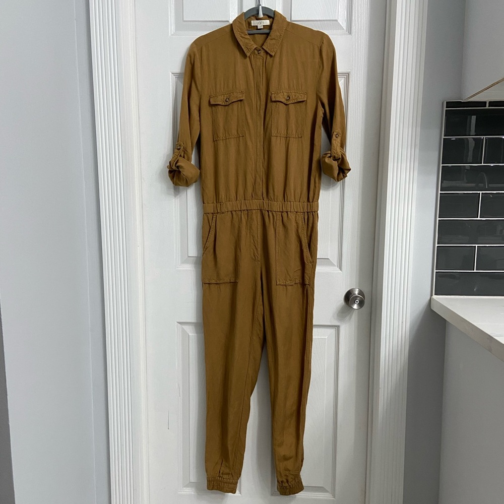 LOFT Coveralls Jumpsuit Size Extra Small Brown Linen Blend Jogger Leg